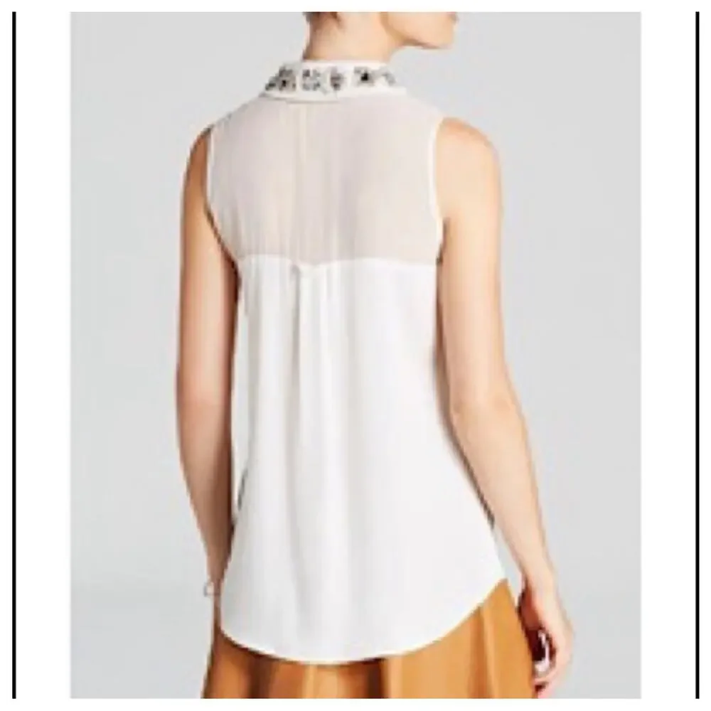 Milly Jane Silk Crepe Sleeveless Blouse cream embellished collar sz 2 - Picture 2 of 15